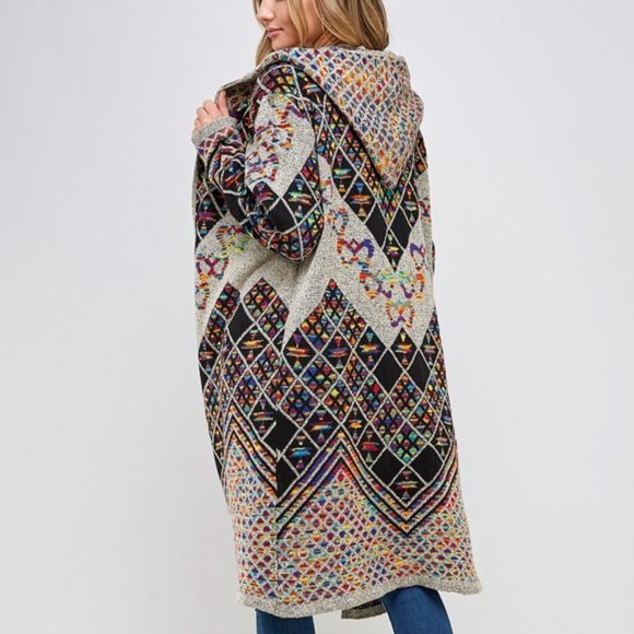new  ON BLUE SWEATER Yellowstone CARDIGAN BOHO WESTERN AZTEC rainbow DUSTER S-3X - Picture 2 of 9